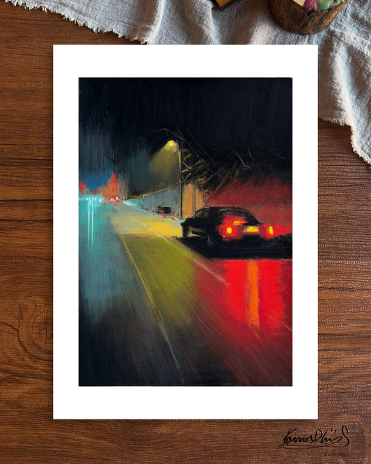 Red Lights in the Falling Rain — A4 Fine Art Print